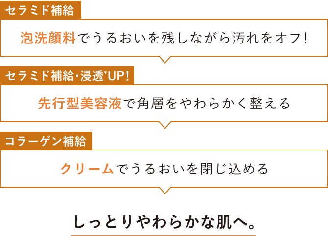 セラミド補給：泡洗顔料でうるおいを残しながら汚れをオフ！／セラミド補給・浸透*UP！：先行型美容液で角層をやわらかく整える／コラーゲン補給：クリームでうるおいを閉じ込める／しっとりやわらかな肌へ。
