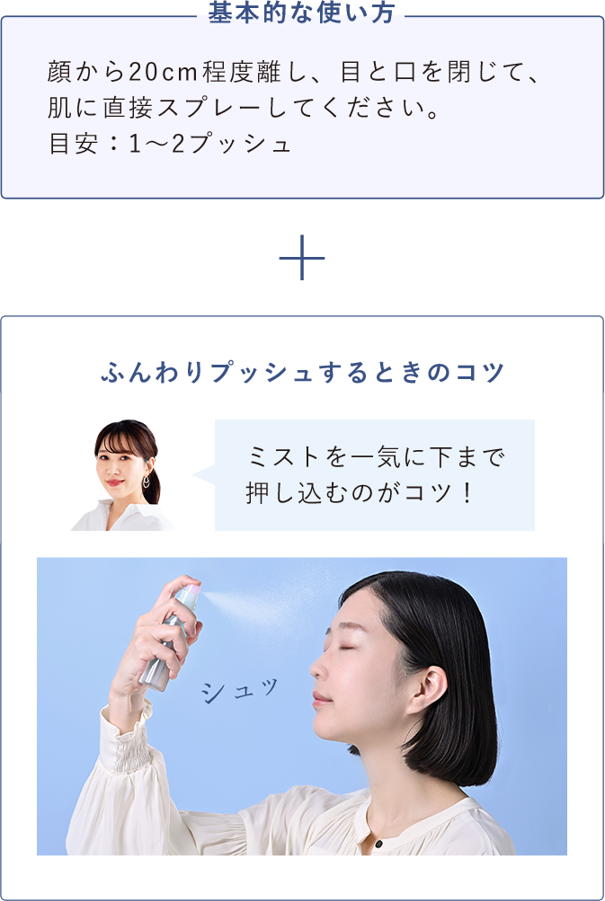 基本的な使い方 顔から20ｃｍ程度離し、目と口を閉じて、肌に直接スプレーしてください。目安：1～2プッシュ ふんわりプッシュするときのコツ ミストを一気に下まで押し込むのがコツ！