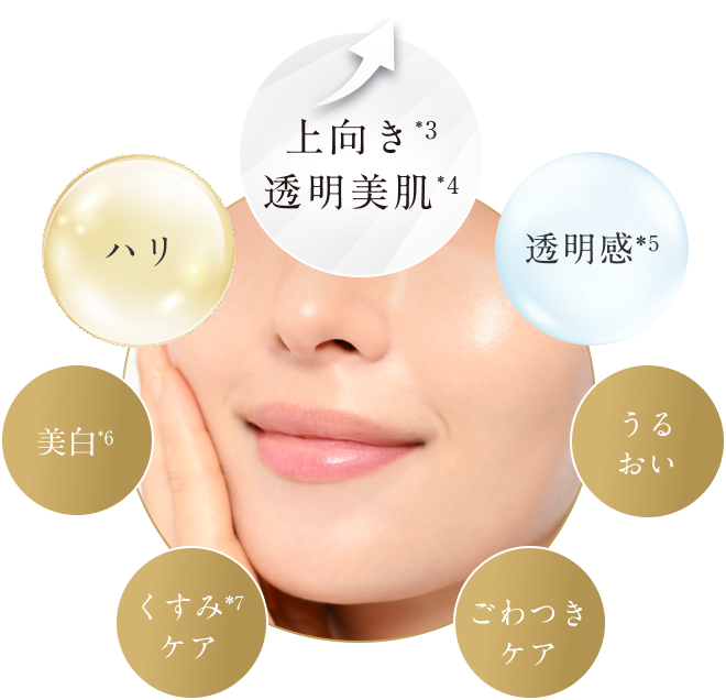 ハリ／上向き*2透明美肌*3へ／透明感*4／美白*5／くすみケア*7／ごわつきケア／うるおい／原点から生まれ変わる*6