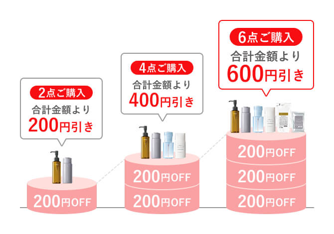 2点ご購入：合計金額より200円引き 4点ご購入：合計金額より400円引き 6点ご購入：合計金額より600円引き