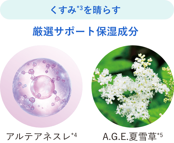 くすみ(*3)を晴らす厳選サポート保湿成分 アルテアネスレ(*4) A.G.E.夏雪草(*5)