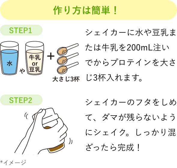 作り方は簡単！STEP1：シェイカーに水や豆乳または牛乳を200mL注いでからプロテインを大さじ3杯入れます。STEP2：シェイカーのフタをしめて、ダマが残らないようにシェイク。しっかり混ざったら完成！