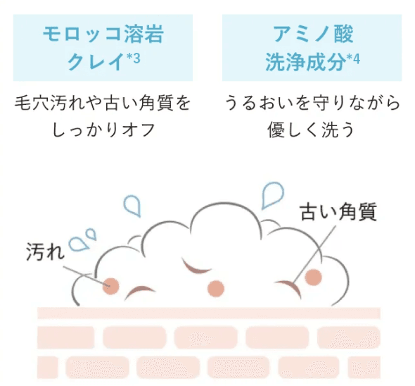 モロッコ溶岩クレイ(*3)が毛穴汚れや古い角質をしっかりオフ、アミノ酸洗浄成分(*4)がうるおいを守りながら優しく洗う、イメージ