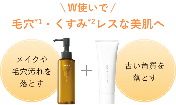 W使いで 毛穴(*1)・くすみ(*2)レスな美肌へ メイクや毛穴汚れを落とす+古い角質を落とす