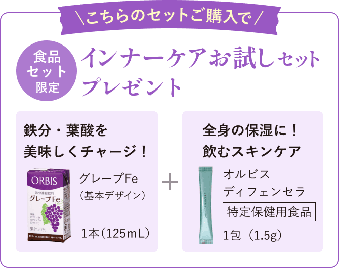 こちらのセットご購入で 食品セット限定 インナーケアお試しセットプレゼント 鉄分・葉酸を美味しくチャージ！グレープFe (基本デザイン) 1本(125mL)＋全身の保湿に！飲むスキンケア オルビス ディフェンセラ [特定保健用食品] 1包(1.5g)