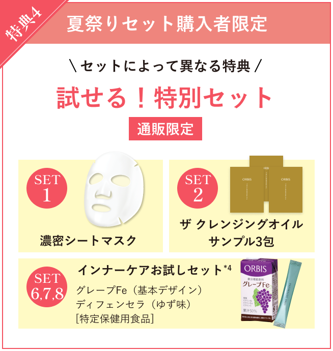特典4 夏祭りセット購入者限定 セットによって異なる特典 プレゼント付き特別セット 通販限定、SET01 濃密シートマスク、SET02 ザ クレンジングオイル サンプル3包、SET06,07,08 インナーケアお試しセット(グレープFe（基本デザイン）ディフェンセラ（ゆず味）[特定保健用食品])