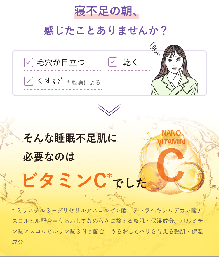 寝不足の朝、感じたことありませんか？毛穴が目立つ／乾く／くすむ（*）*乾燥による/そんな睡眠不足肌に 必要なのはビタミンC（*）でした／* ミリスチル３－グリセリルアスコルビン酸、テトラヘキシルデカン酸アスコルビル配合＝うるおしてなめらかに整える整肌・保湿成分、パルミチン酸アスコルビルリン酸３Ｎａ配合＝うるおしてハリを与える整肌・保湿成分