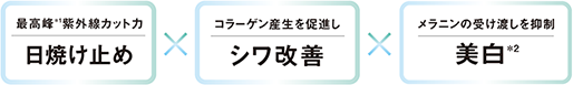 最高峰*1紫外線カット力 日焼け止め×コラーゲン産生を促進しシワ改善×メラニンの受け渡しを抑制 美白*2