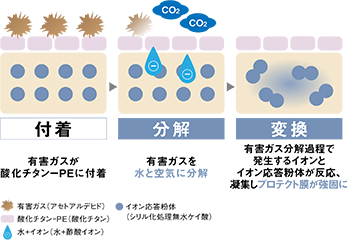 付着 有害ガスが酸化チタン-PEに付着▶︎分解 有毒ガスを水と空気に分解▶︎変換 有害ガス分解過程で発生するイオンとイオン応答粉体が反応、凝集しプロテクト膜が強固に
