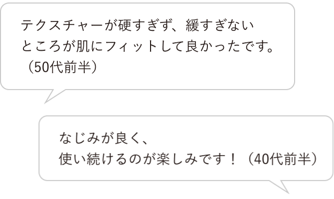 テクスチャーが硬すぎず、緩すぎないところが肌にフィットして良かったです。（50代前半）／なじみが良く、使い続けるのが楽しみです！（40代前半）