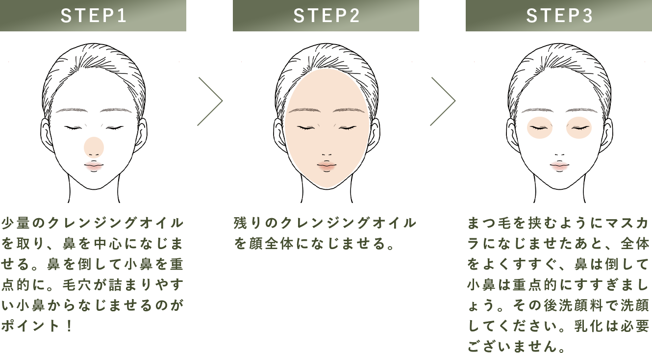 STEP1：少量のクレンジングオイルを取り、鼻を中心になじませる。鼻を倒して小鼻を重点的に。毛穴が詰まりやすい小鼻からなじませるのがポイント！／STEP2：残りのクレンジングオイルを顔全体になじませる。／STEP3：まつ毛を挟むようにマスカラになじませたあと、全体をよくすすぐ、鼻は倒して小鼻は重点的にすすぎましょう。その後洗顔料で洗顔してください。乳化は必要ございません。