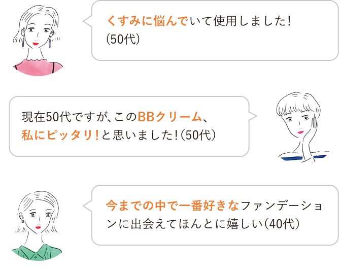 くすみに悩んでいて使用しました！ (50代)／現在50代ですが、このBBクリーム、 私にピッタリ！と思いました！（50代）／今までの中で一番好きなファンデーションに出会えてほんとに嬉しい（40代）