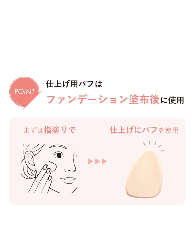 密着感＆メイク持ちUP 仕上げ用パフの使い方／POINT 仕上げ用パフはファンデーション塗布後に使用／まずは指塗りで 仕上げにパフを使用 ファンデーションの塗り方はこちら