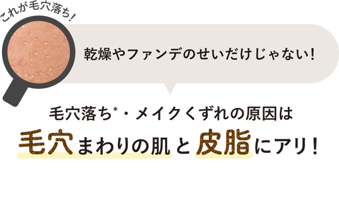 これが毛穴落ち！乾燥やファンデのせいだけじゃない！毛穴落ち*・メイクくずれの原因は毛穴まわりの肌と皮脂にアリ！