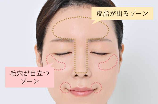 おでこ・鼻：皮脂が出るゾーン 頬・口元：毛穴が目立つゾーン