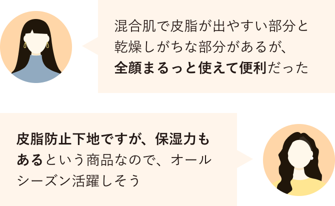 混合肌で皮脂が出やすい部分と乾燥しがちな部分があるが、全顔まるっと使えて便利だった／皮脂防止下地ですが、保湿力もあるという商品なので、オールシーズン活躍しそう