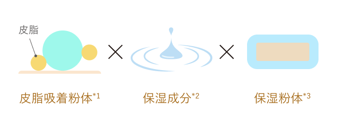 皮脂吸着粉体、保湿成分、保湿粉体のタッグが水分と皮脂を調整！