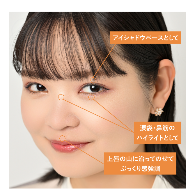 アイシャドウベースとして／涙袋・鼻筋のハイライトとして／上唇の山に沿ってのせてぷっくり感強調