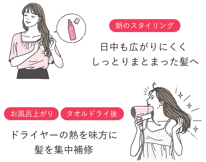 朝のスタイリング 日中も広がりにくくしっとりまとまった髪へ／お風呂上がり タオルドライ後 ドライヤーの熱を味方に髪を集中補修