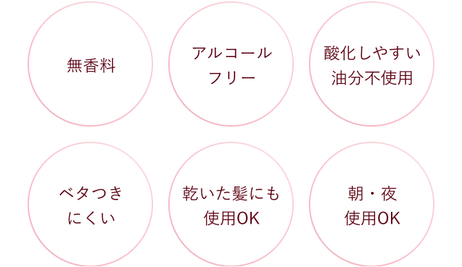 無香料／アルコールフリー／酸化しやすい油分不使用／ベタつきにくい／乾いた髪にも使用OK／朝・夜使用OK