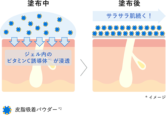塗布中：ジェル内のビタミンC誘導体(*1)が浸透／塗布後：サラサラ肌続く！／*イメージ